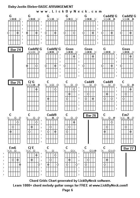 Chord Grids Chart of chord melody fingerstyle guitar song-Baby-Justin Bieber-BASIC ARRANGEMENT,generated by LickByNeck software.